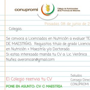 Convocatoria a Licenciados en Nutrición con Maestrías y/o doctorados